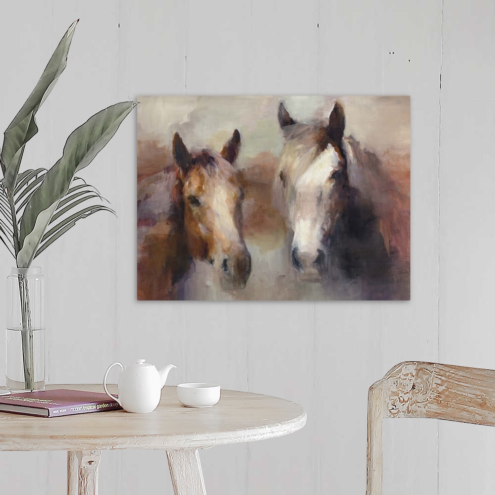A farmhouse room featuring Contemporary artwork of a portrait of two horses surrounded by warm earthy tones.
