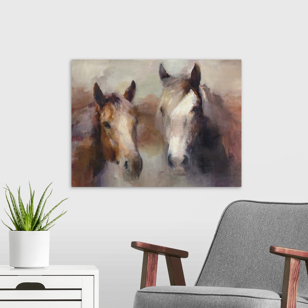 A modern room featuring Contemporary artwork of a portrait of two horses surrounded by warm earthy tones.