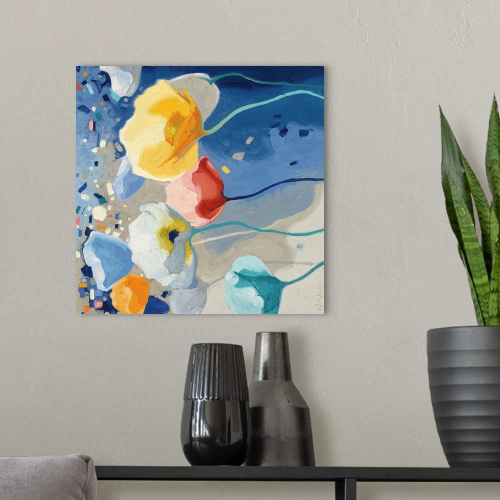 A modern room featuring Contemporary artwork of colorful poppies in a blue field.