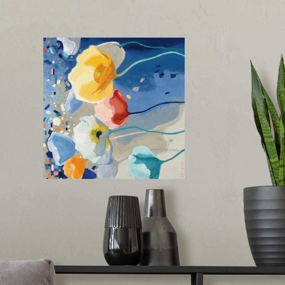 A modern room featuring Contemporary artwork of colorful poppies in a blue field.