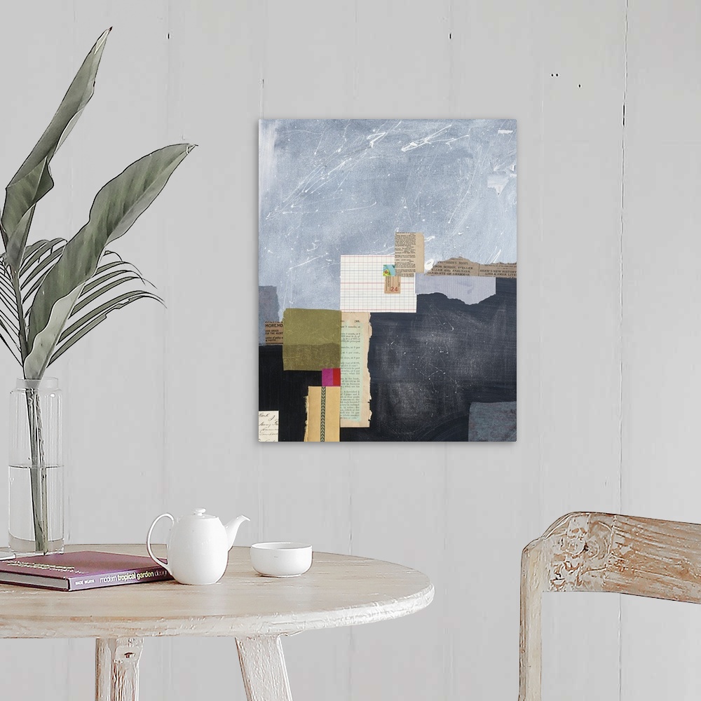 A farmhouse room featuring Large abstract painting with rectangular shapes created with mixed media.