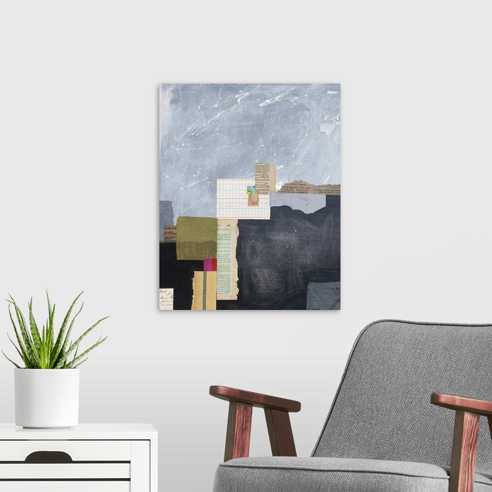 A modern room featuring Large abstract painting with rectangular shapes created with mixed media.