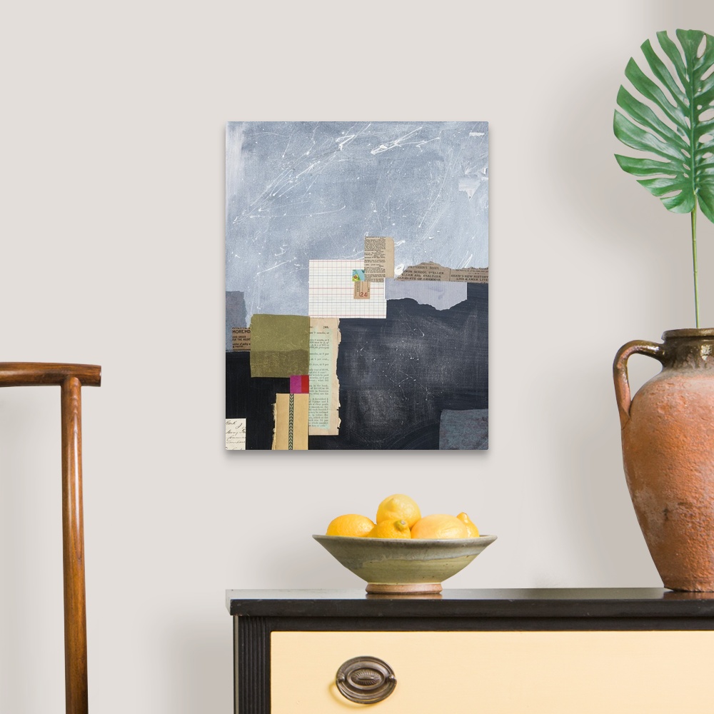 A traditional room featuring Large abstract painting with rectangular shapes created with mixed media.
