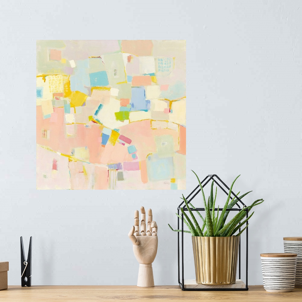 A bohemian room featuring Abstract artwork featuring rectangular shapes in warm colors over a light gray background.