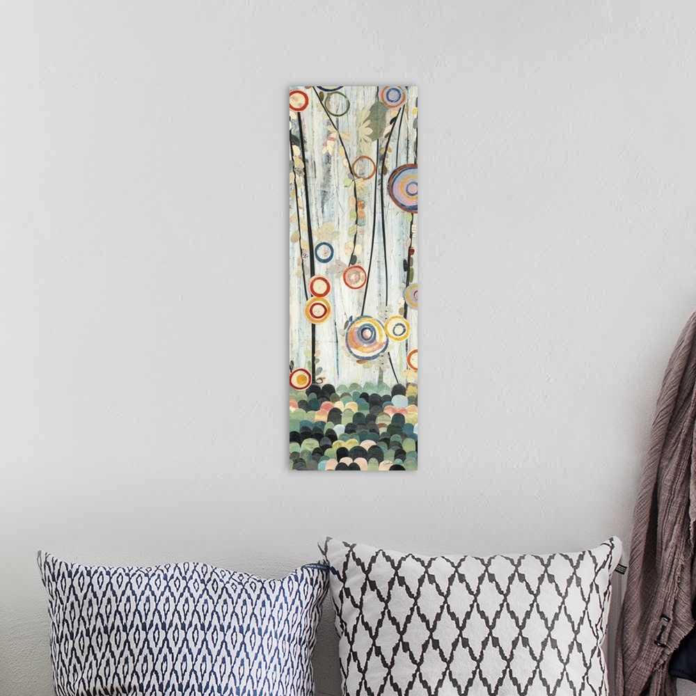 A bohemian room featuring Tall abstract painting on canvas of flowers in a clearing.