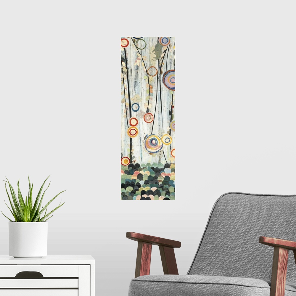 A modern room featuring Tall abstract painting on canvas of flowers in a clearing.