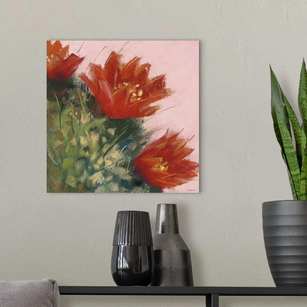 A modern room featuring A square contemporary painting of orange blooms on a cactus with a pink background.
