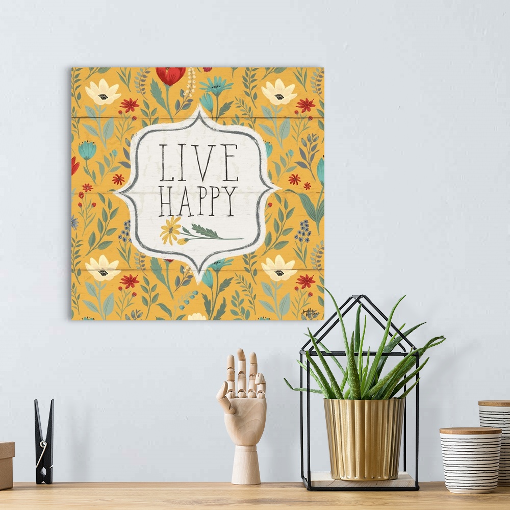 A bohemian room featuring "Live Happy" with a floral background on yellow.