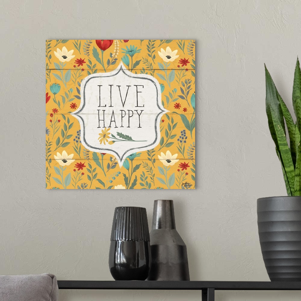 A modern room featuring "Live Happy" with a floral background on yellow.