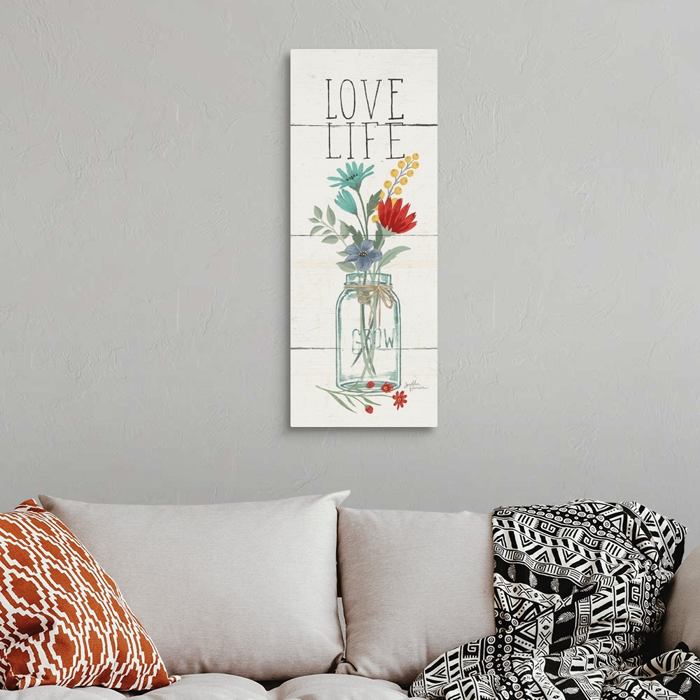 A bohemian room featuring Tall and skinny vertical illustration of a floral arrangement in a mason jar with the phrase "Lov...