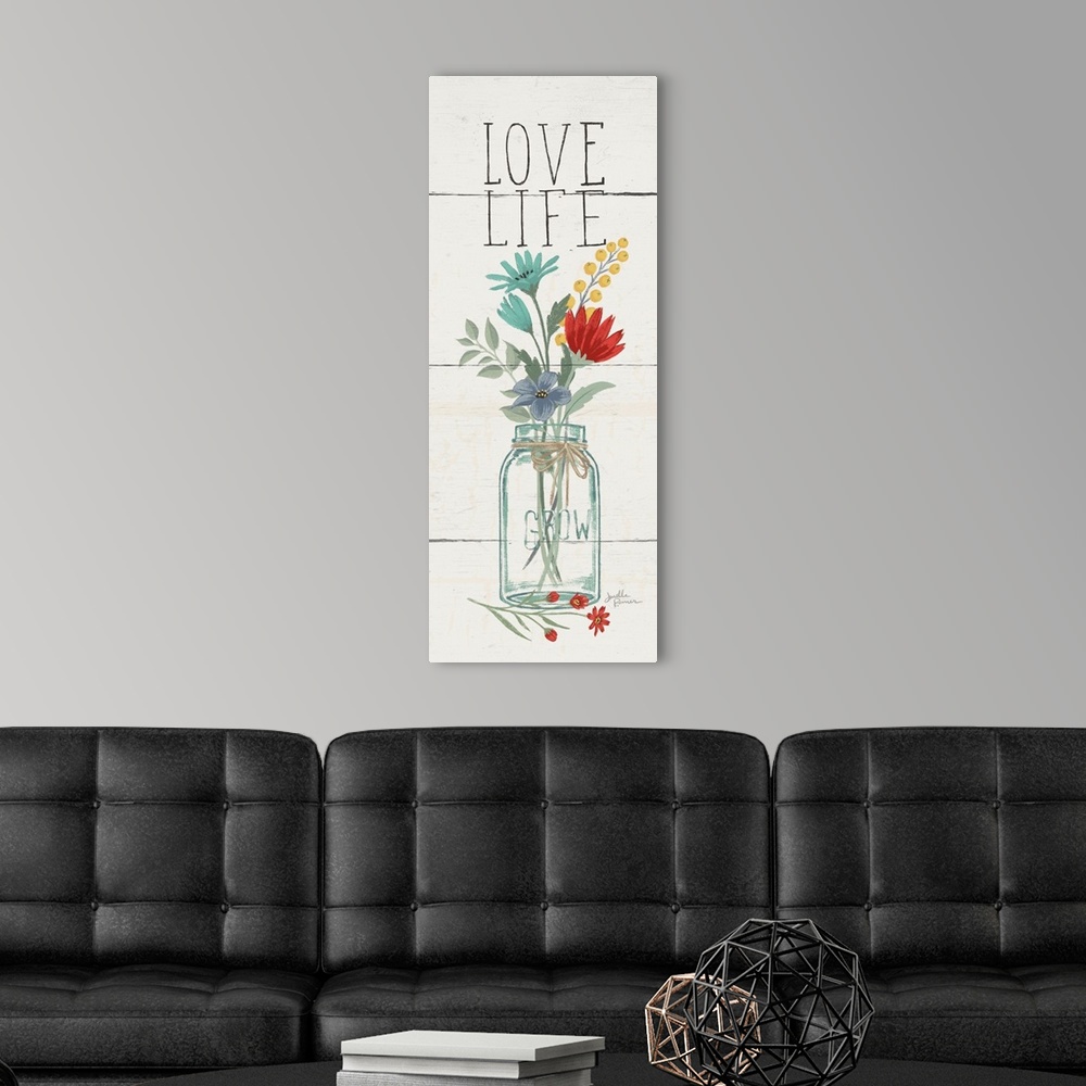 A modern room featuring Tall and skinny vertical illustration of a floral arrangement in a mason jar with the phrase "Lov...