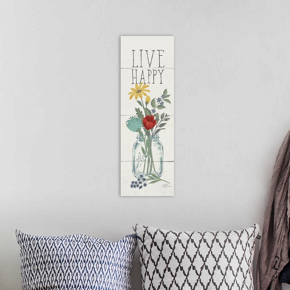 A bohemian room featuring Tall and skinny vertical illustration of a floral arrangement in a mason jar with the phrase "Liv...