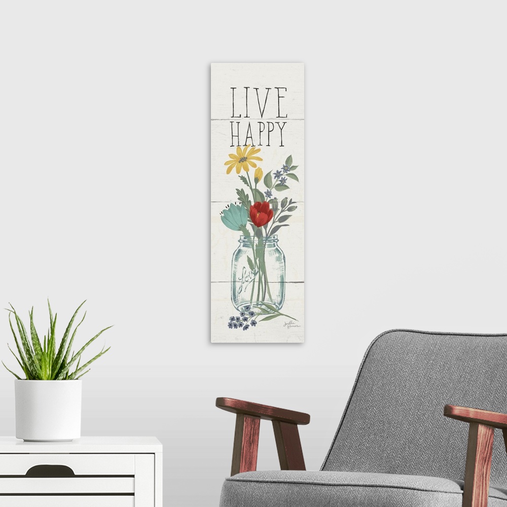 A modern room featuring Tall and skinny vertical illustration of a floral arrangement in a mason jar with the phrase "Liv...