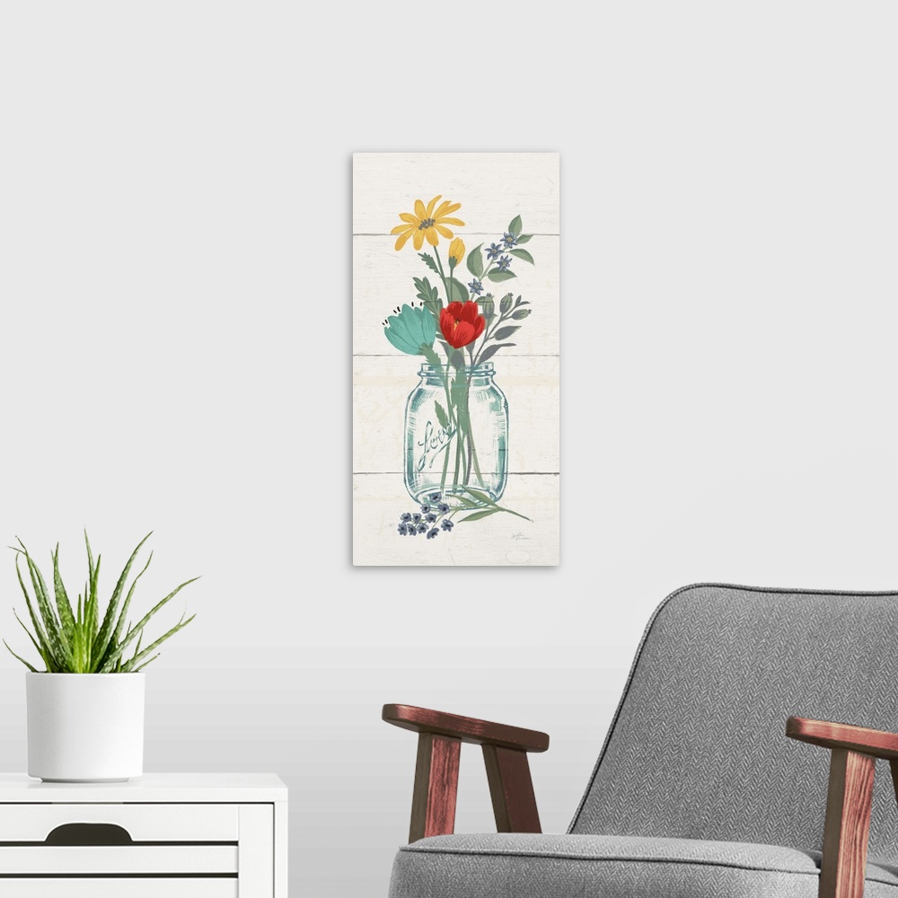 A modern room featuring A decorative artwork of a group of wildflowers in a glass mason jar against a white wood plank ba...