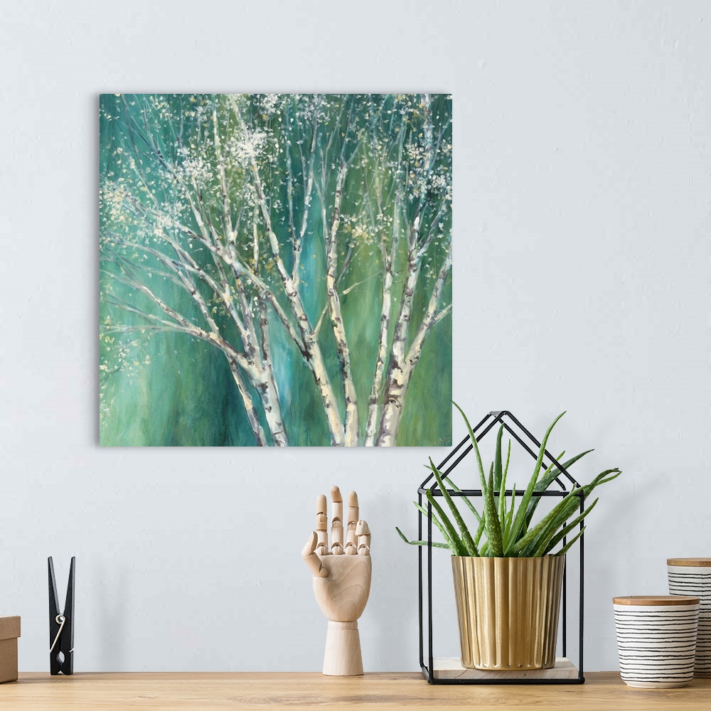 A bohemian room featuring Painting of a white birch tree against a teal background.
