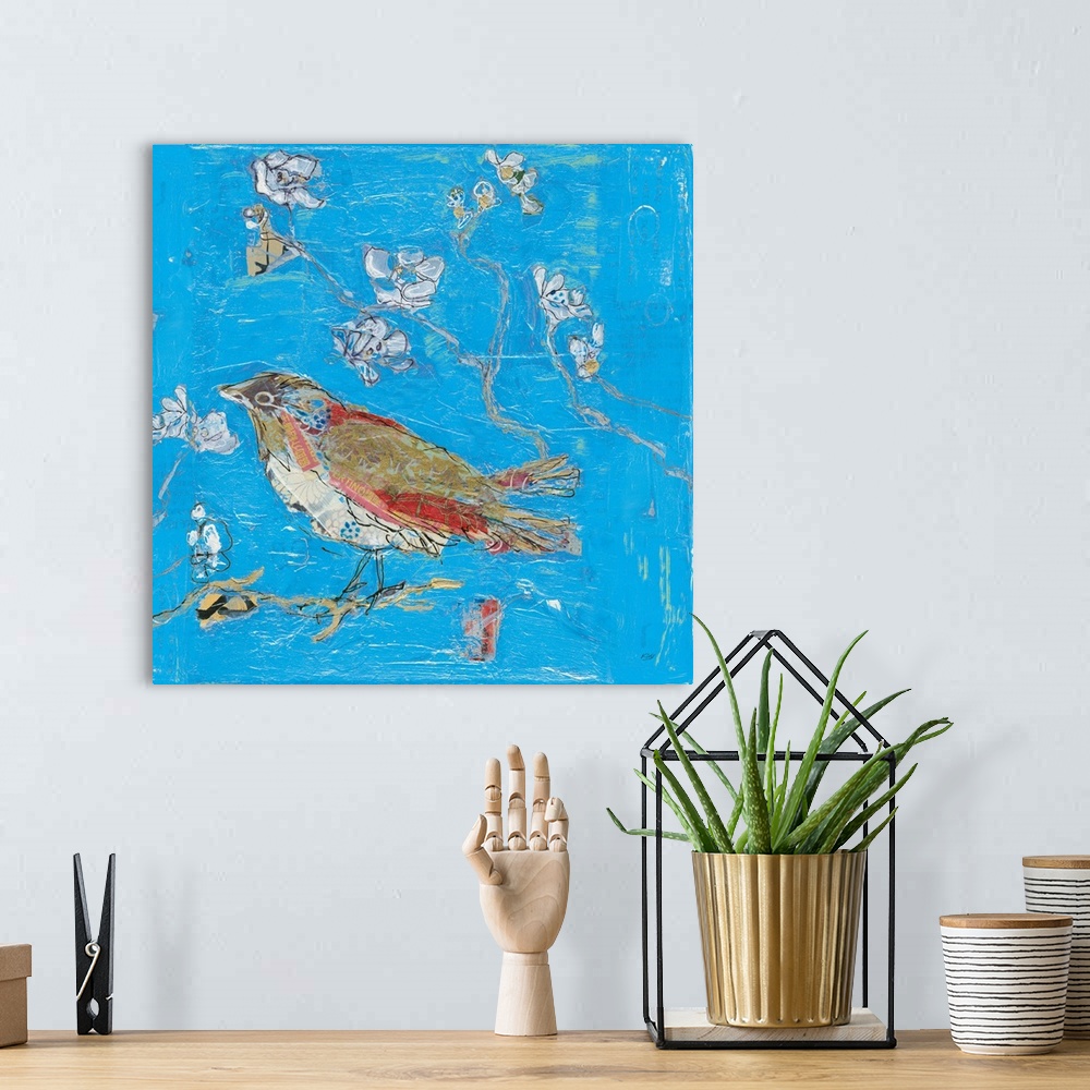 A bohemian room featuring Energetic brush strokes, heavy textures and cut paper create a decorative artwork of birds.