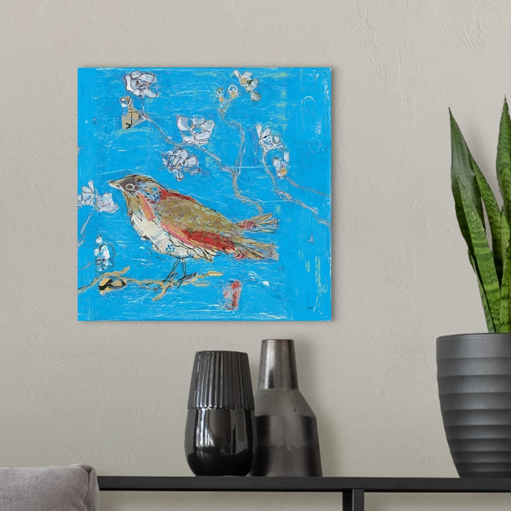A modern room featuring Energetic brush strokes, heavy textures and cut paper create a decorative artwork of birds.