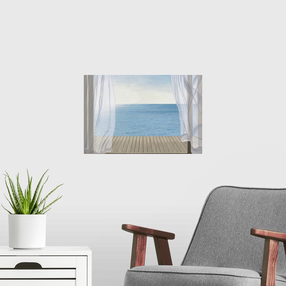 A modern room featuring Coastal artwork looking out over a calm sea from an open door.