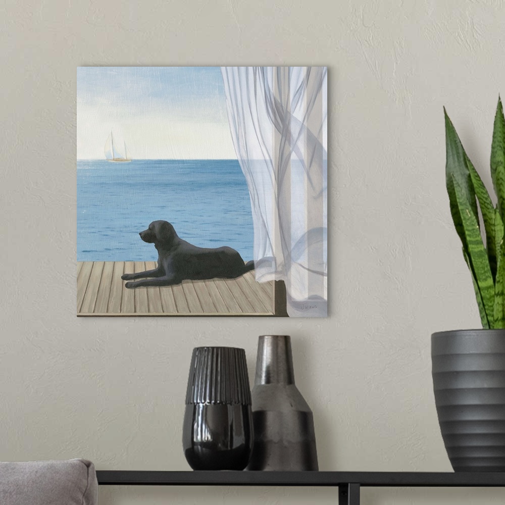 A modern room featuring Coastal artwork of a black lab laying on a deck overlooking the sea.