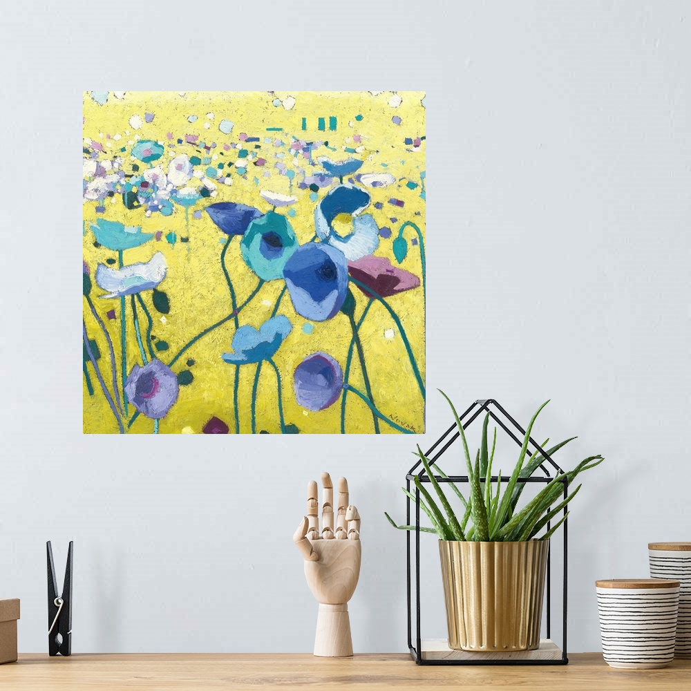 A bohemian room featuring Contemporary artwork of a field of blue poppies with long stems.
