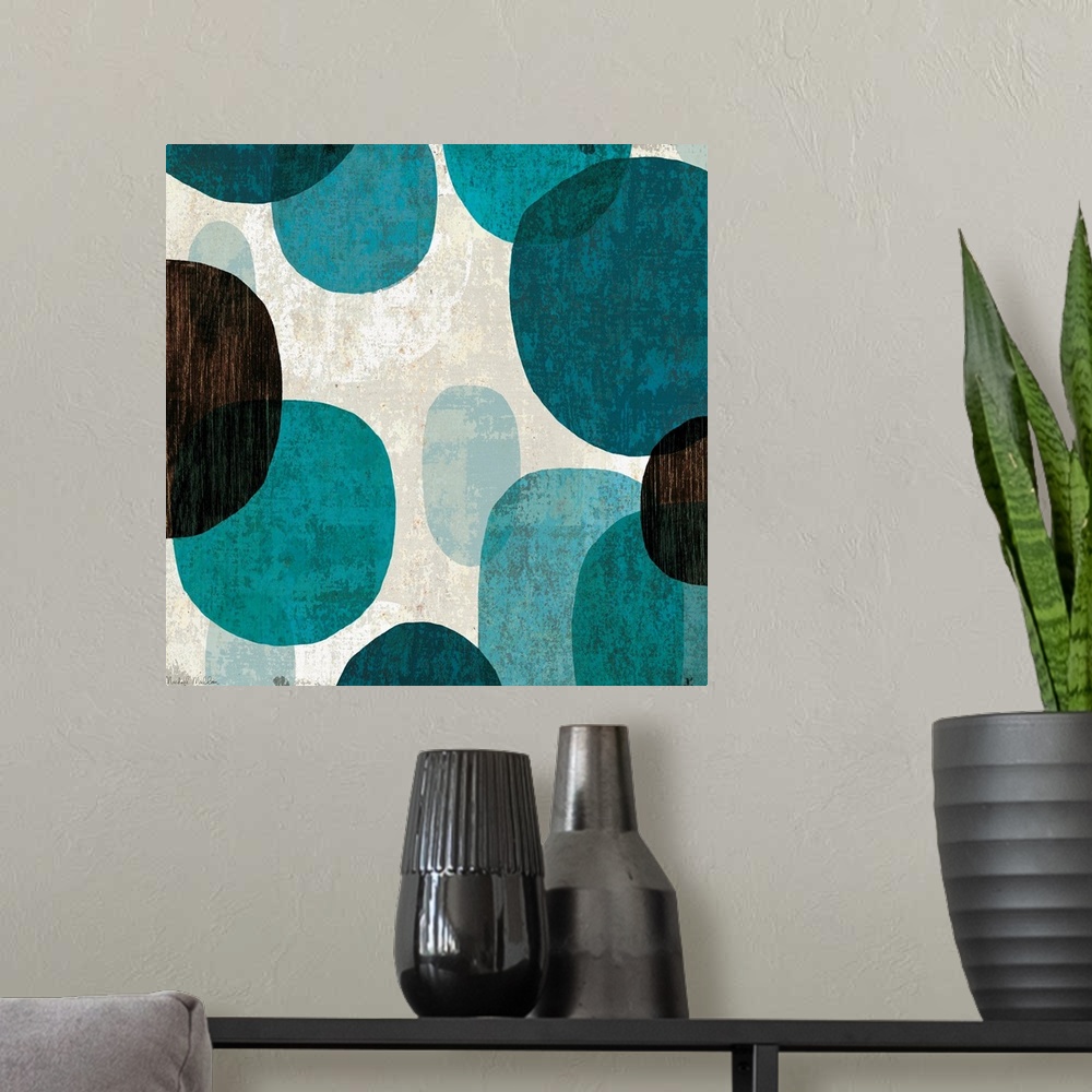 A modern room featuring Abstract art piece with large cool color ovals in varying opacities with neutral textures in the ...