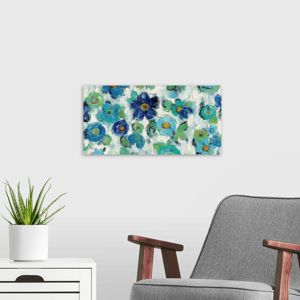 A modern room featuring Weathered artwork of blue and green garden flowers against a neutral distressed background.