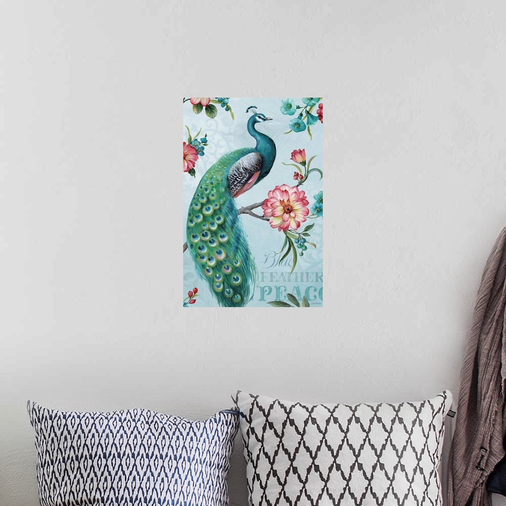 A bohemian room featuring Blue Feathered Peacock I