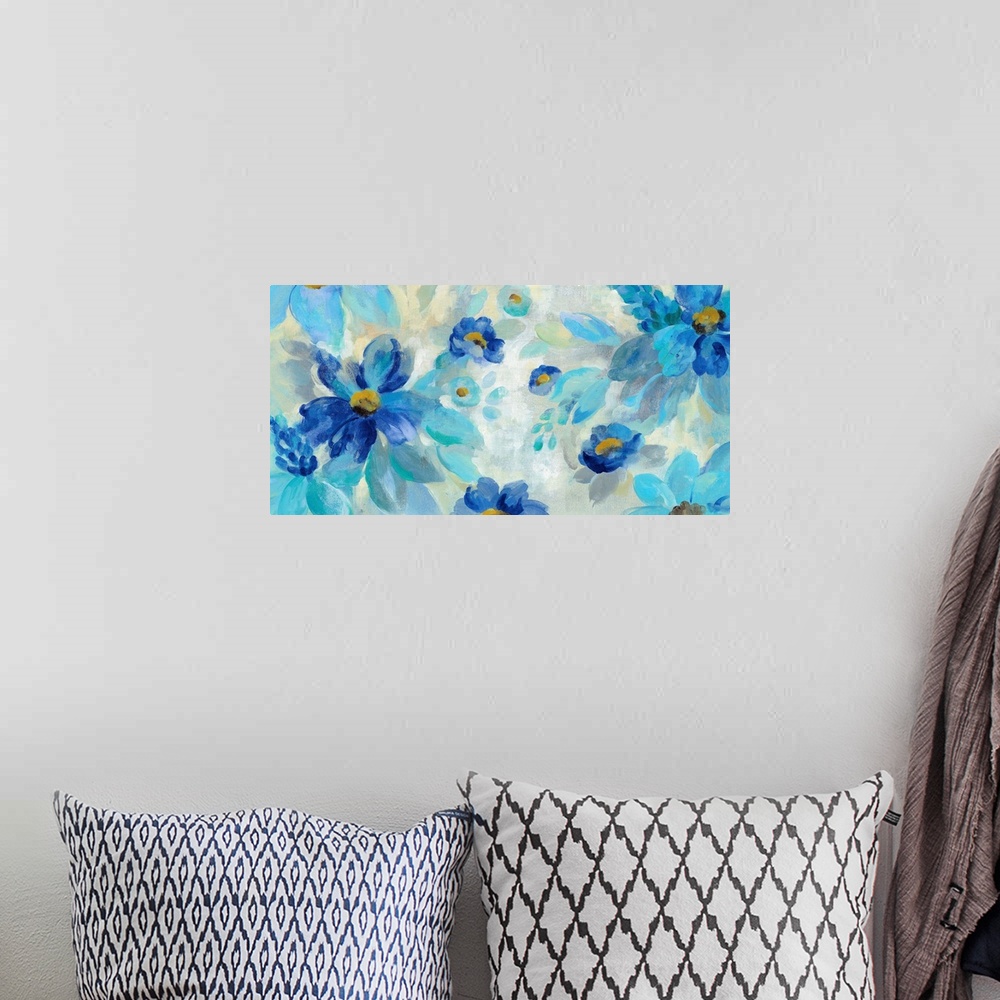 A bohemian room featuring Large abstract painting of flowers in different shades of blue.