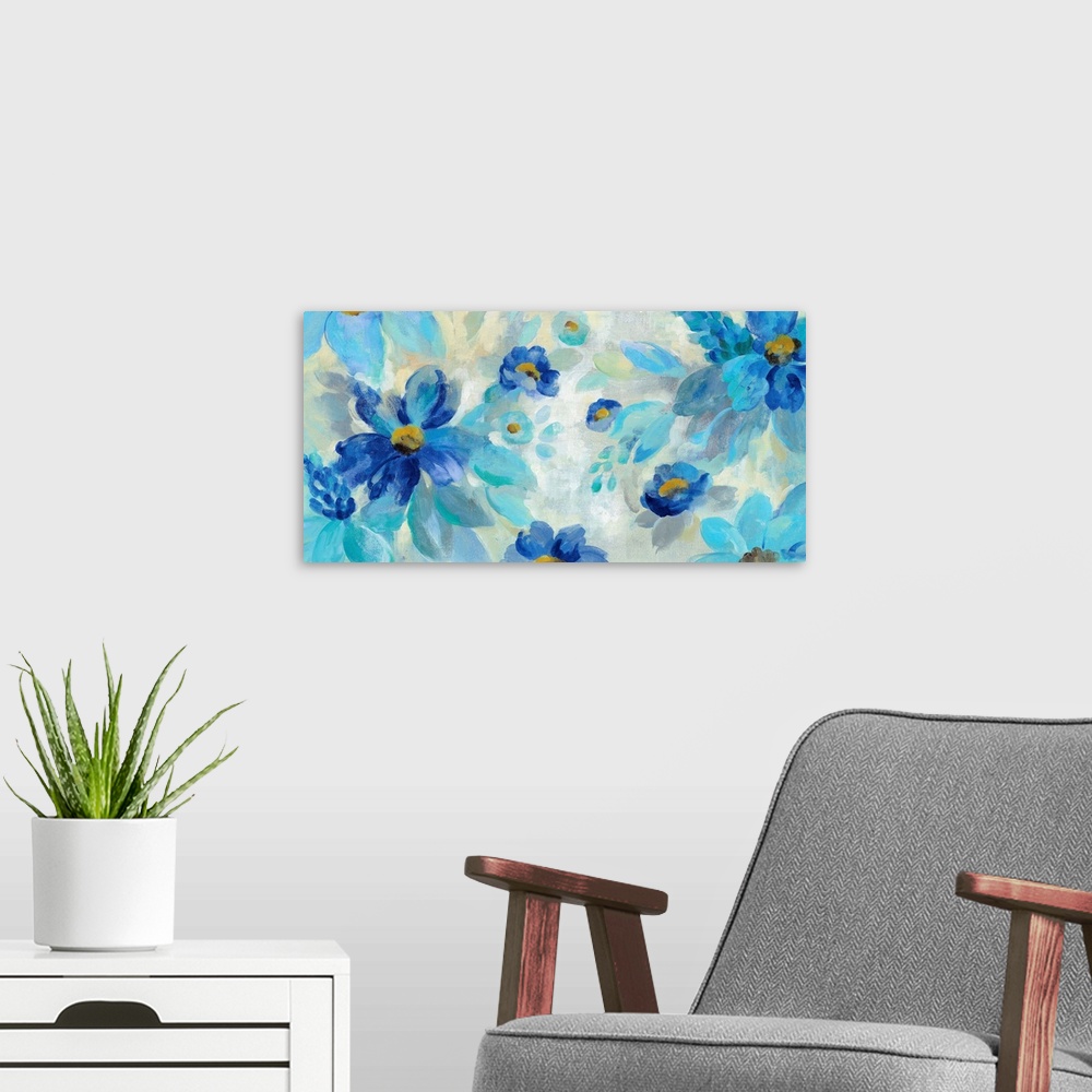 A modern room featuring Large abstract painting of flowers in different shades of blue.