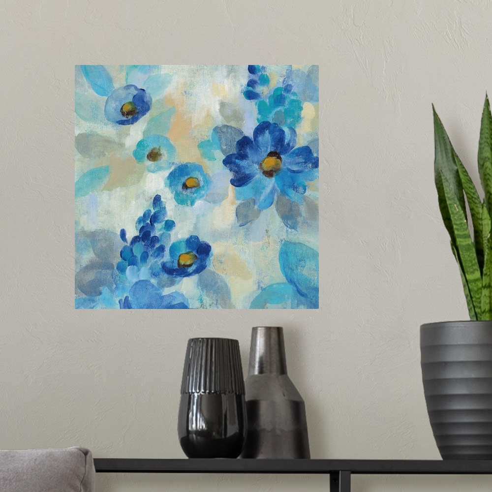 A modern room featuring Contemporary square painting of blue flowers on a neutral background.