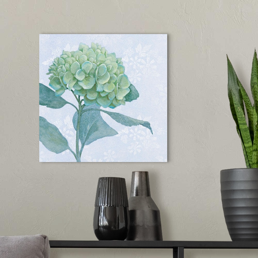 A modern room featuring Painting of hydrangea blossoms in soft blue and green tones.