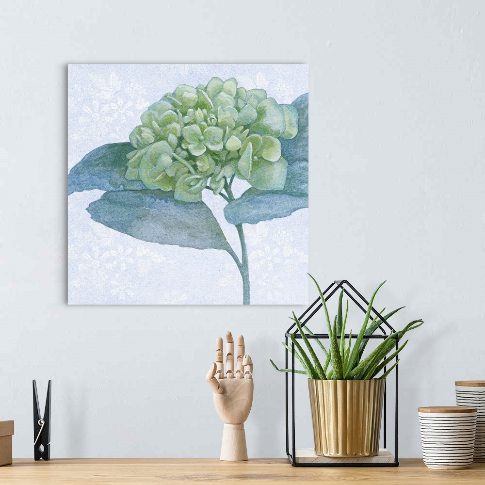 A bohemian room featuring Painting of hydrangea blossoms in soft blue and green tones.