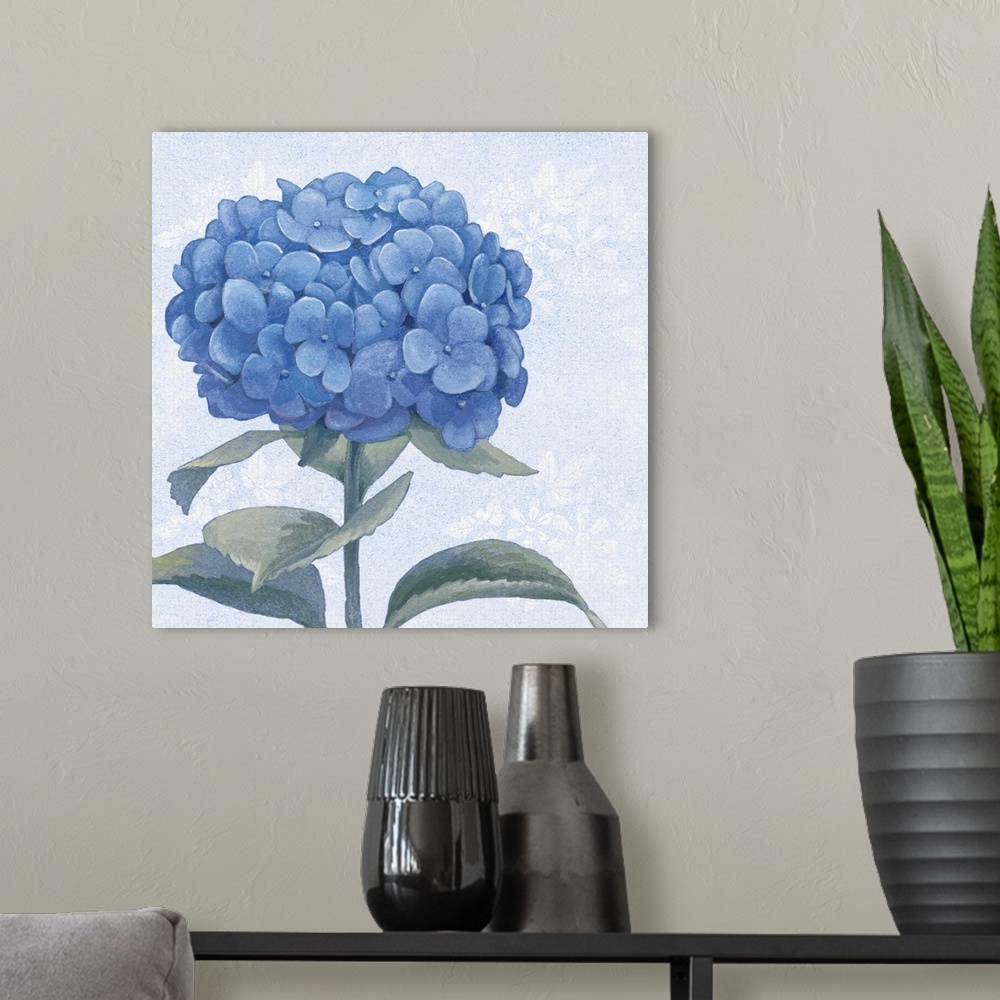 A modern room featuring Painting of hydrangea blossoms in soft blue and green tones.