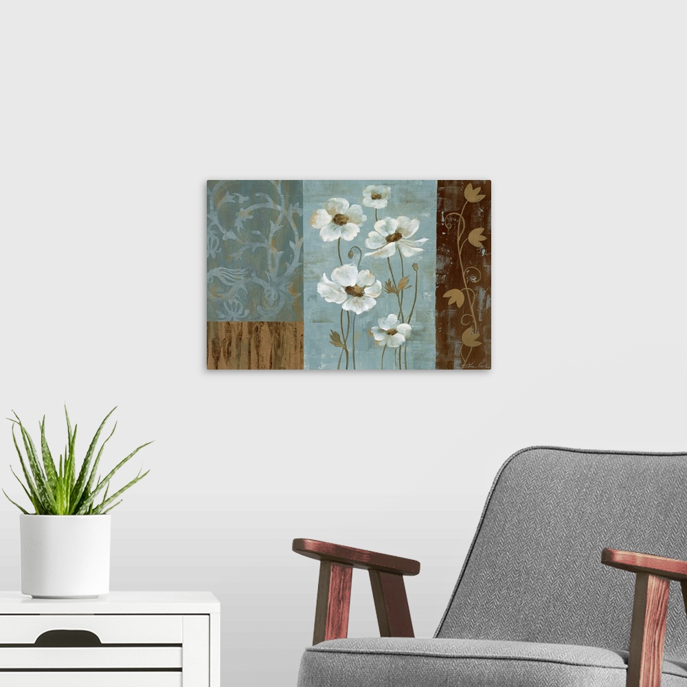 A modern room featuring Large, landscape artwork for a living room or office.  Four separate rectangular areas, each in t...