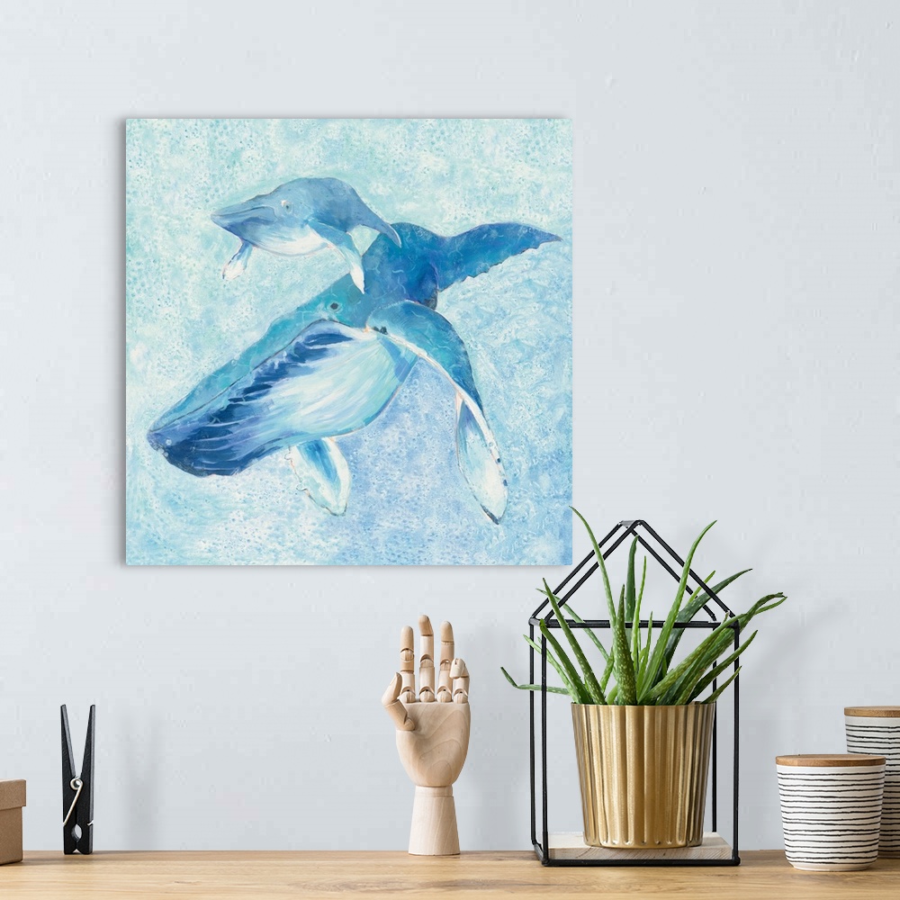 A bohemian room featuring Contemporary square painting of a whale and her calf in different shades of blue.