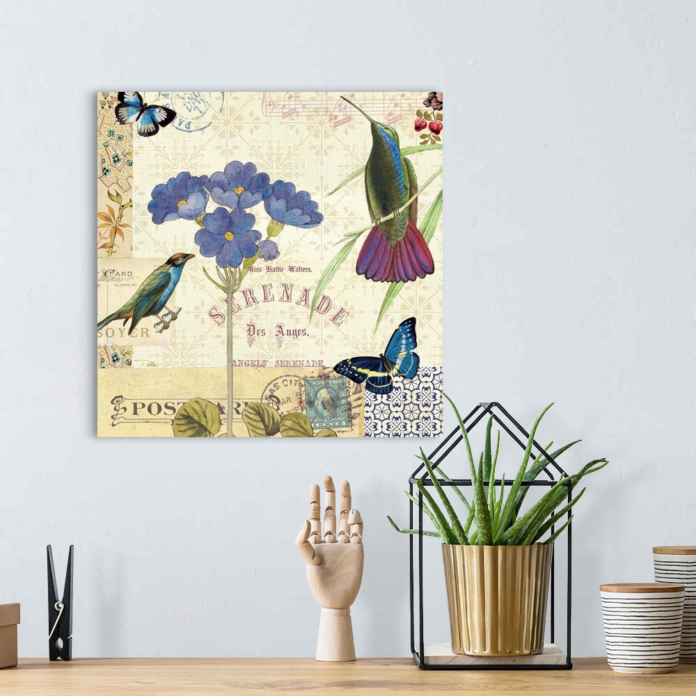 A bohemian room featuring A contemporary piece of artwork of a collage images. Including a bird with butterflies and blue f...