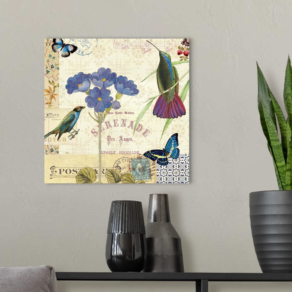 A modern room featuring A contemporary piece of artwork of a collage images. Including a bird with butterflies and blue f...