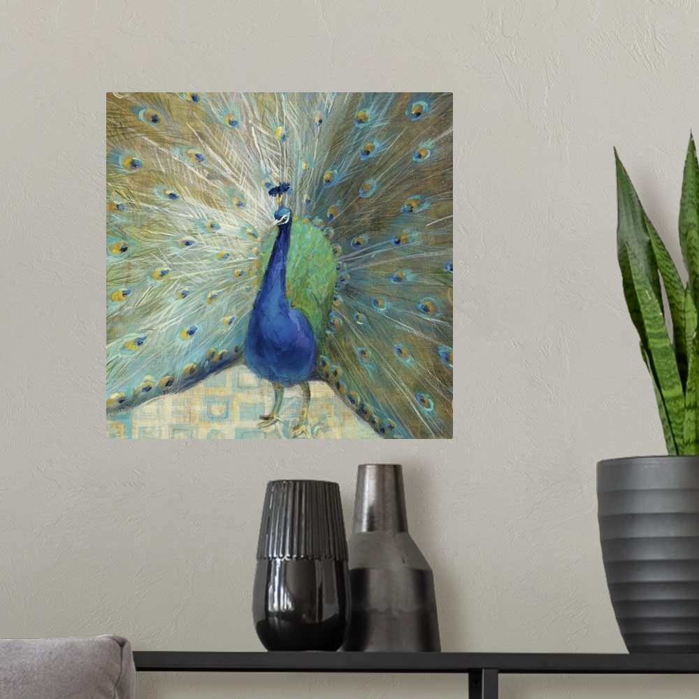 A modern room featuring Blue Peacock on Gold