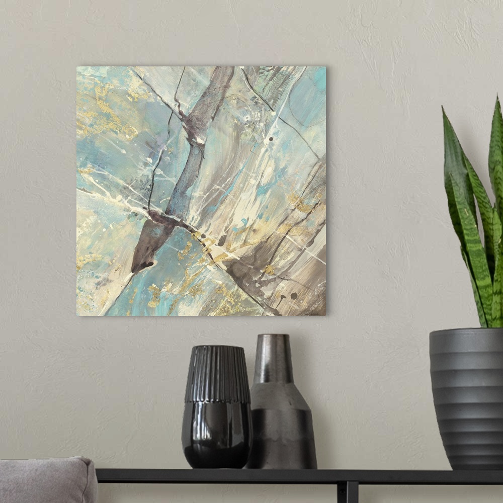 A modern room featuring Contemporary abstract painting using distinct lines and subtle colors to create depth.