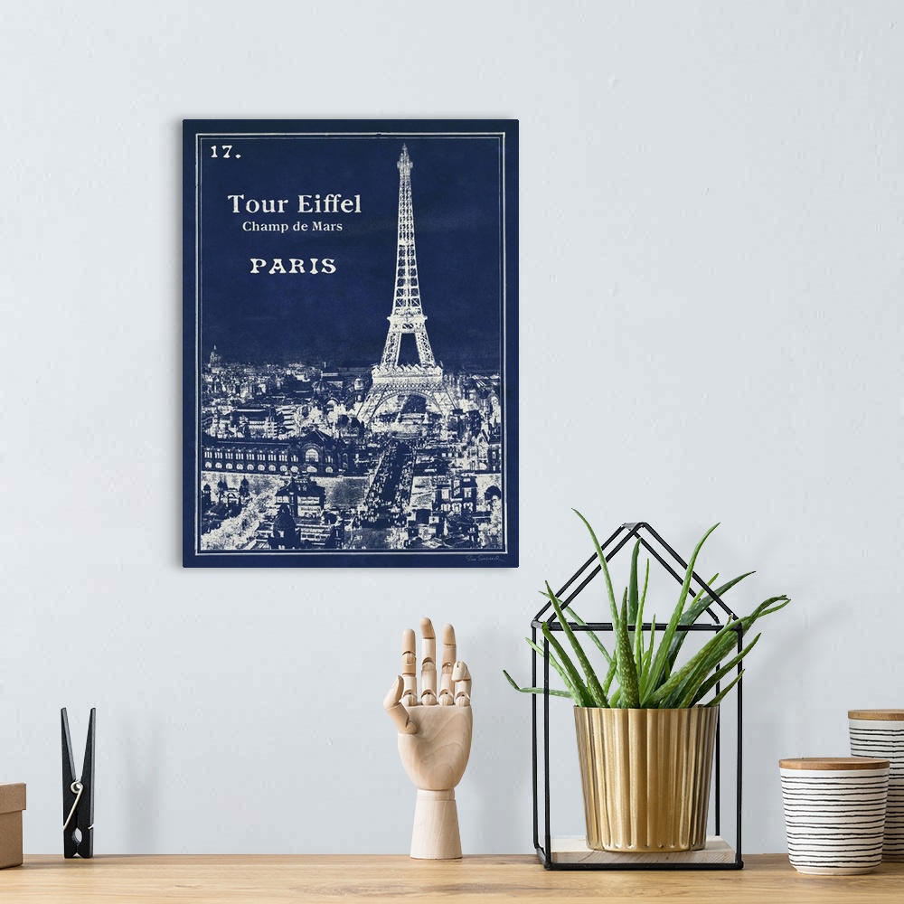 A bohemian room featuring Vintage style travel blueprint of the Eiffel Tower in Paris.