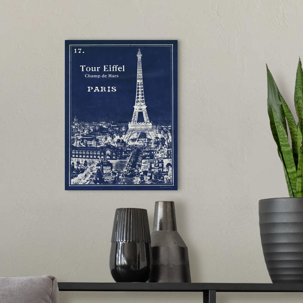 A modern room featuring Vintage style travel blueprint of the Eiffel Tower in Paris.