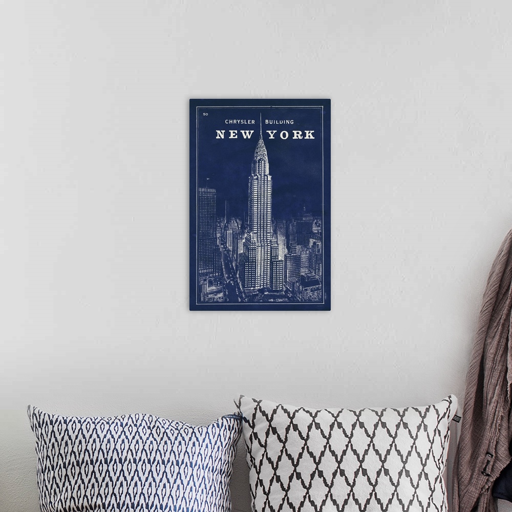 A bohemian room featuring Vintage style blueprint artwork of the Chrysler building in New York city.