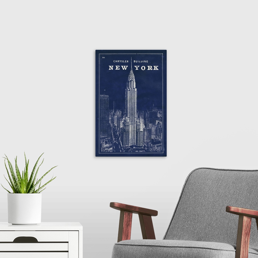 A modern room featuring Vintage style blueprint artwork of the Chrysler building in New York city.
