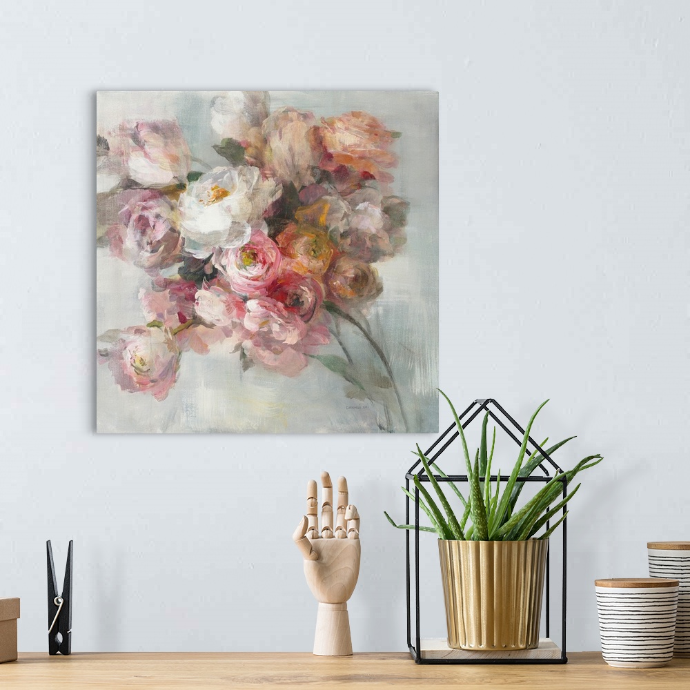 A bohemian room featuring Soft delicate brush strokes create a bouquet of warm colored flowers in this contemporary artwork.