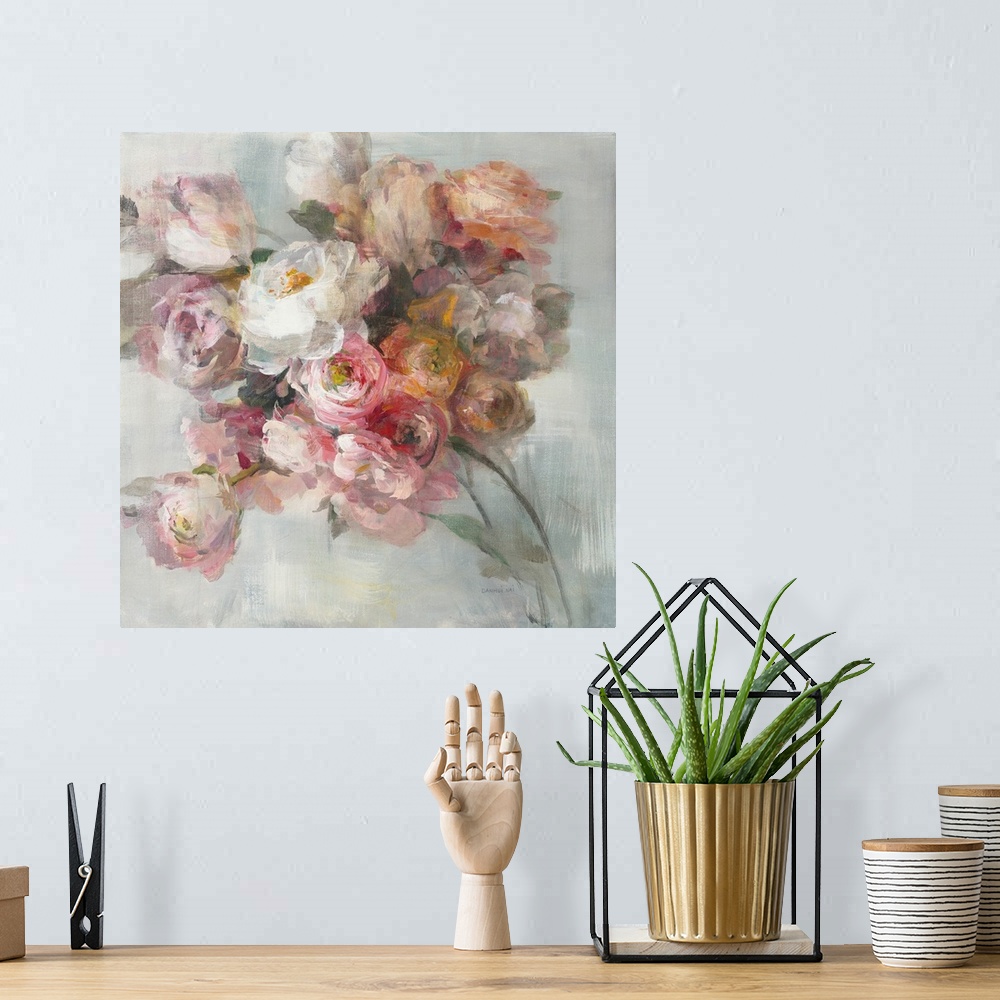 A bohemian room featuring Soft delicate brush strokes create a bouquet of warm colored flowers in this contemporary artwork.
