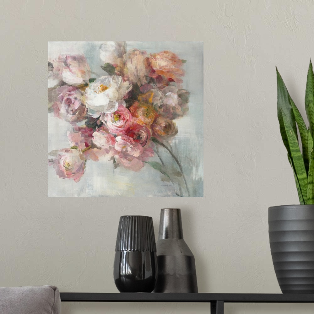 A modern room featuring Soft delicate brush strokes create a bouquet of warm colored flowers in this contemporary artwork.