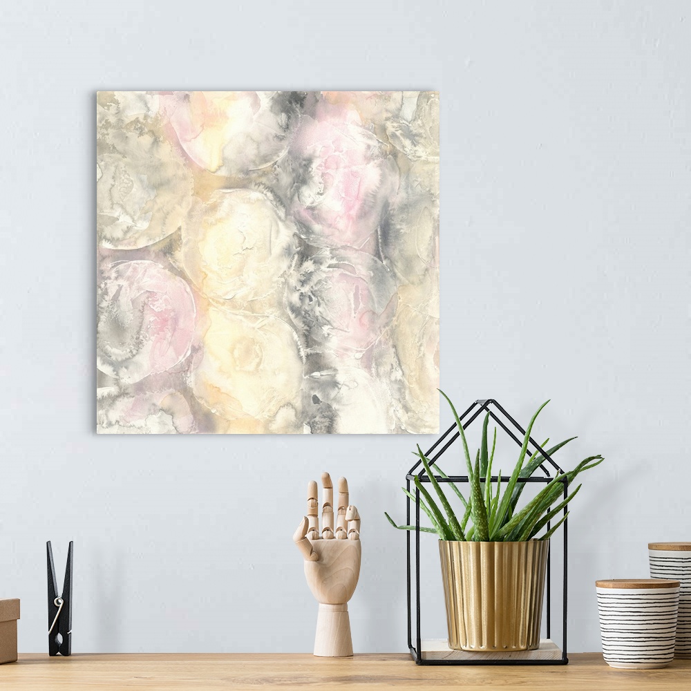 A bohemian room featuring Abstract artwork with faint circles and texture in light hues of pink, yellow, white, and gray on...