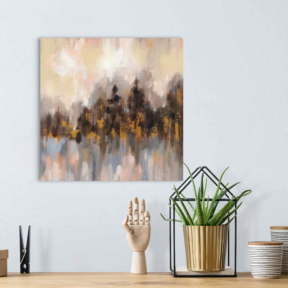 A bohemian room featuring Contemporary artwork featuring short vertical brush strokes to create an abstract forest.