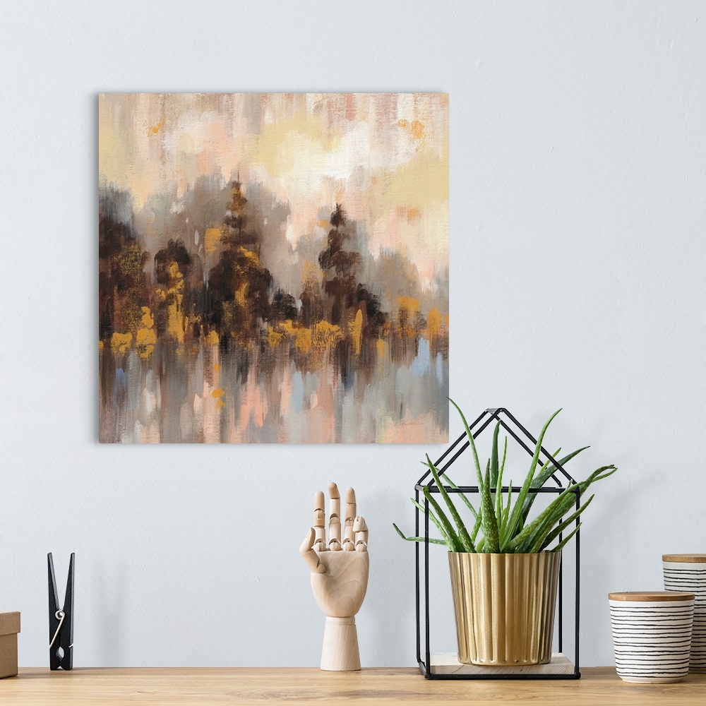A bohemian room featuring Contemporary artwork featuring short vertical brush strokes to create an abstract forest.