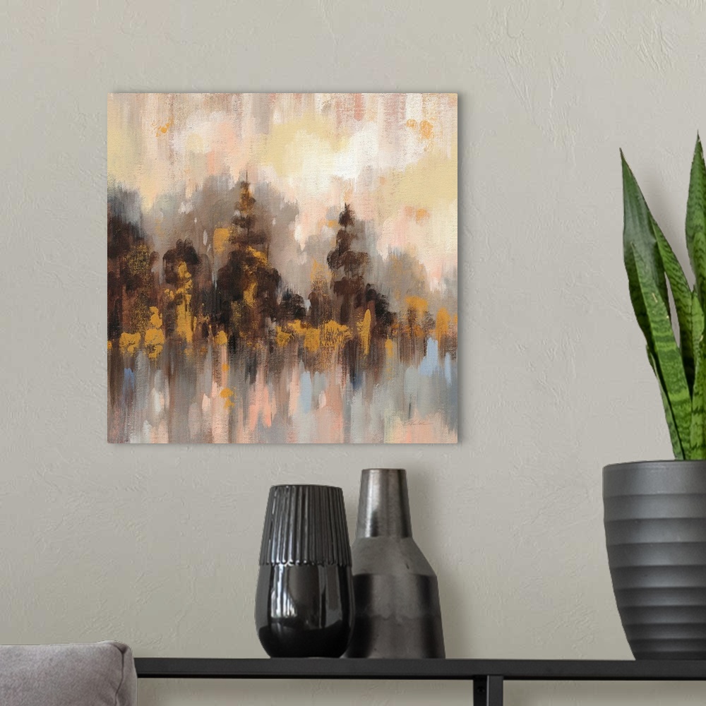 A modern room featuring Contemporary artwork featuring short vertical brush strokes to create an abstract forest.